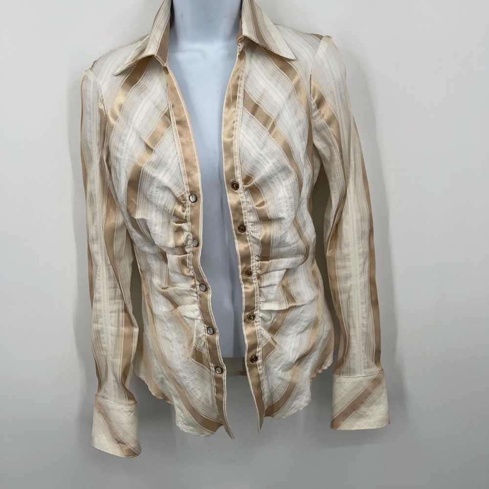 Y2K Cache Ruched Front Pearl Snap Striped Shirt Size S - Picture 3 of 9